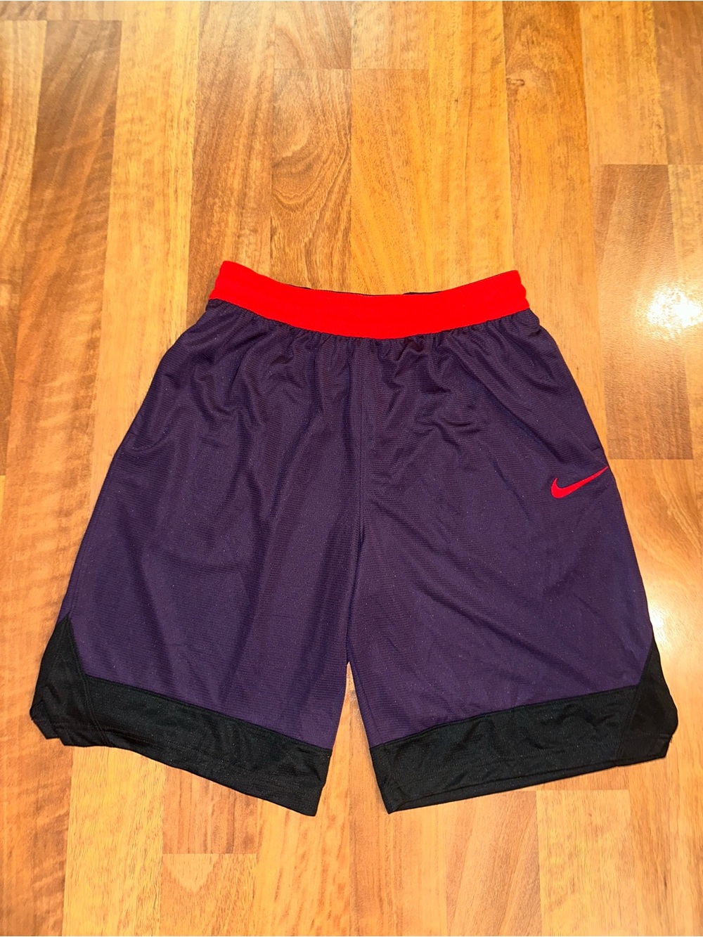 Nike Men’s Purple Athletic Shorts with Red Waistband and Black Hem